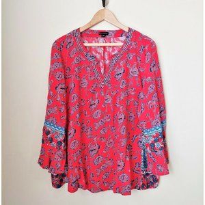 NWOT New Directions Tunic Top- Red Floral Blouse, Rayon, 3/4 Bell Sleeve